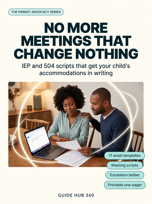No More Meetings That Change Nothing — IEP and 504 scripts that get your child's accommodations in writing. Guide Hub 360.