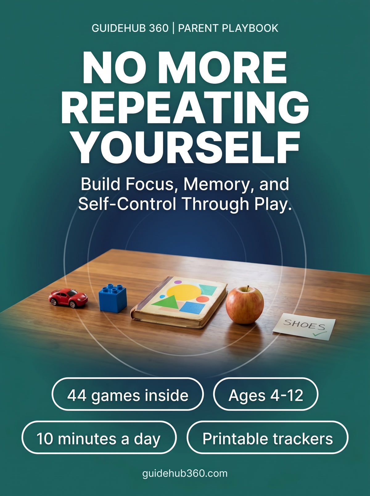 No More Repeating Yourself — low-pressure games that build focus, memory, and self-control in children aged 4-12. Guide Hub 360 parent playbook cover.