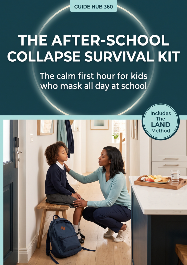 The After-School Collapse Survival Kit — Guide Hub 360 parent playbook cover, featuring the LAND Method